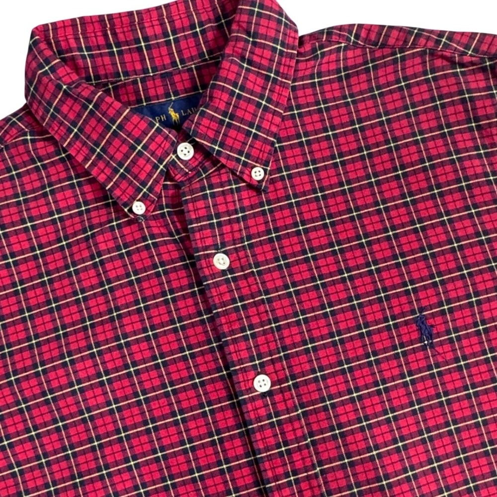 Ralph Lauren Oxford Button Down Shirt Mens Large Red Plaid Long Sleeve Pony Logo